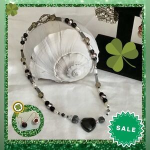 Onyx & Pearl Necklace w/Sterling Onyx Earring Set